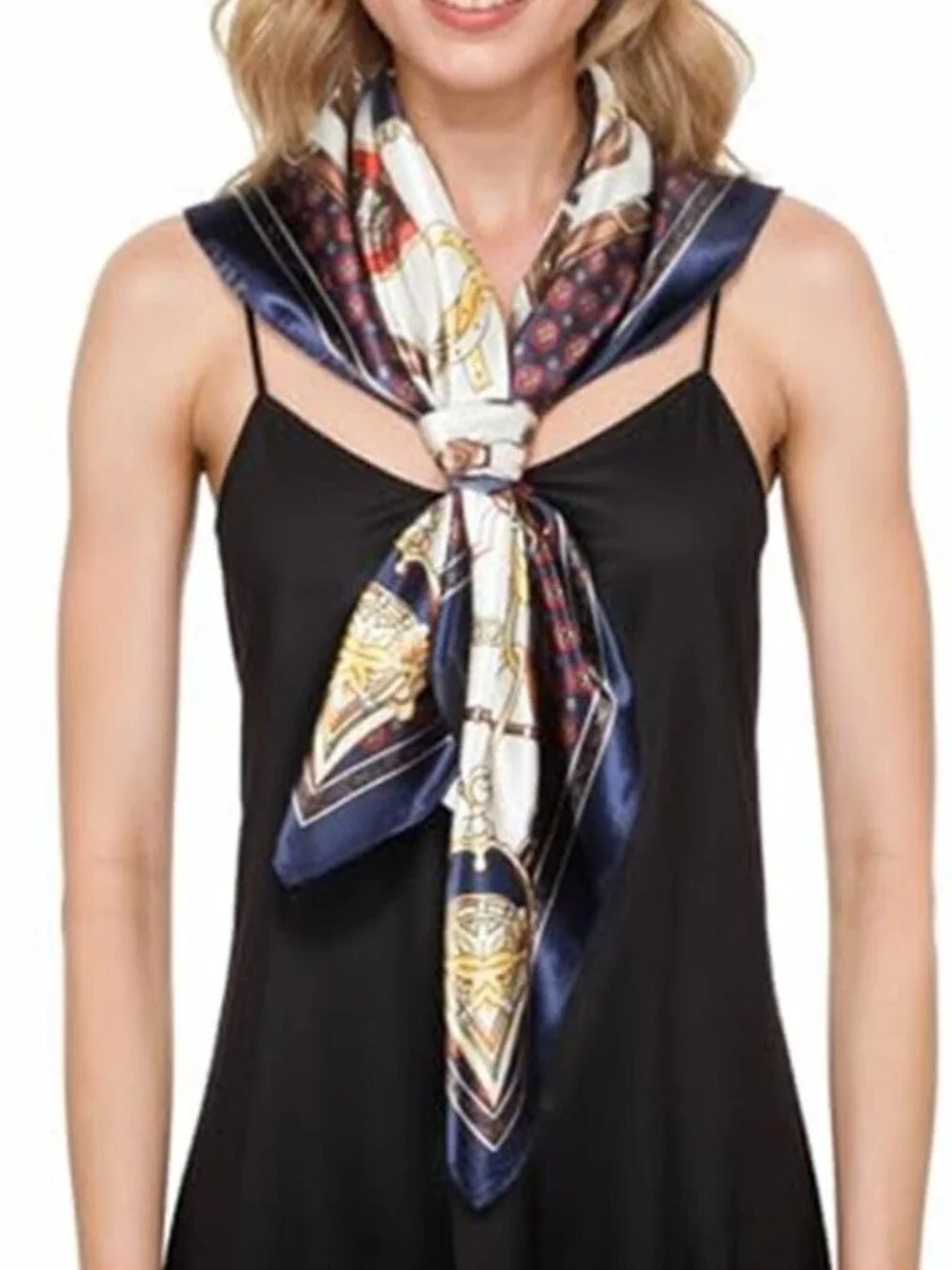 Head Scarf Like Silk Scarf Hair Scarf Printed Square Scarf Chain in Navy & Gold